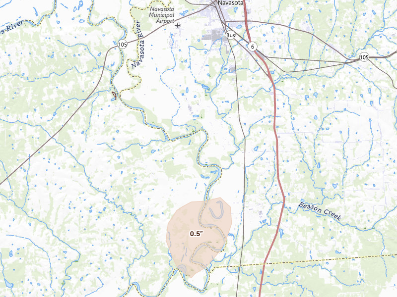 Radar-estimated hail-size map of the storm over Washington, TX on Jul 22, 2026