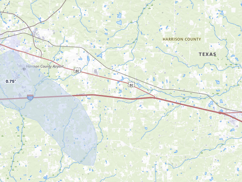 NEXRAD radar-signature map of the hail over Waskom, TX