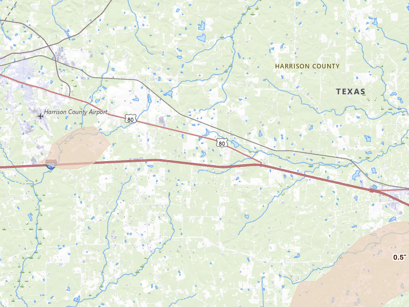 Radar-estimated hail-size map of the storm over Waskom, TX on May 8, 2026