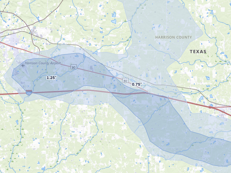 NEXRAD radar-signature map of the hail storm over Waskom, TX on May 8, 2026