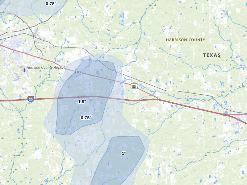 NEXRAD radar-signature map of the hail over Waskom, TX