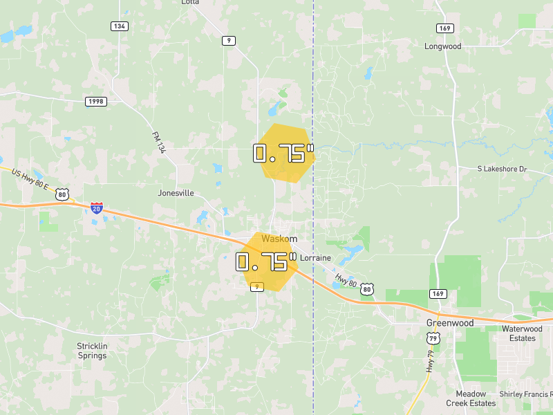 Hail map of Waskom, TX on Jul 5, 2026, hail up to 0.75"