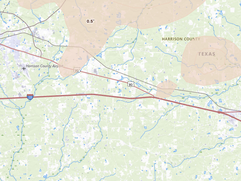 Radar-estimated hail-size map of the storm over Waskom, TX on Jul 6, 2026