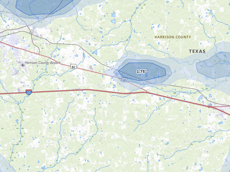 NEXRAD radar-signature map of the hail storm over Waskom, TX on Jul 6, 2026