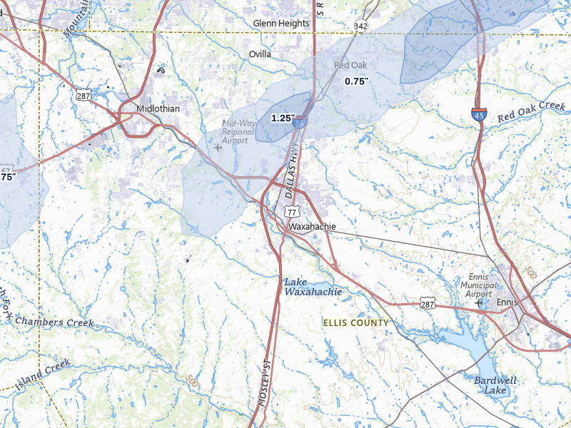 NEXRAD radar-signature map of the hail over Waxahachie, TX