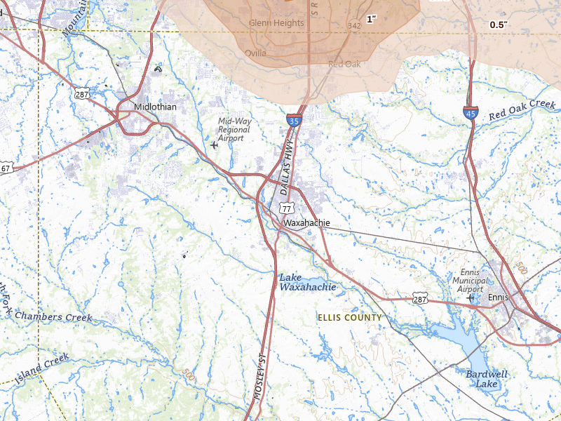 Radar-estimated hail-size map of the storm over Waxahachie, TX on Apr 25, 2026