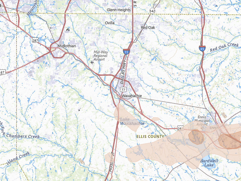 Radar-estimated hail-size map of the storm over Waxahachie, TX on Apr 29, 2026