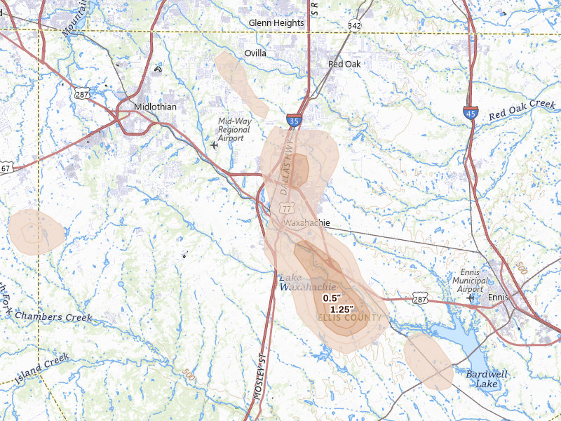 Radar-estimated hail-size map of the storm over Waxahachie, TX on May 25, 2026