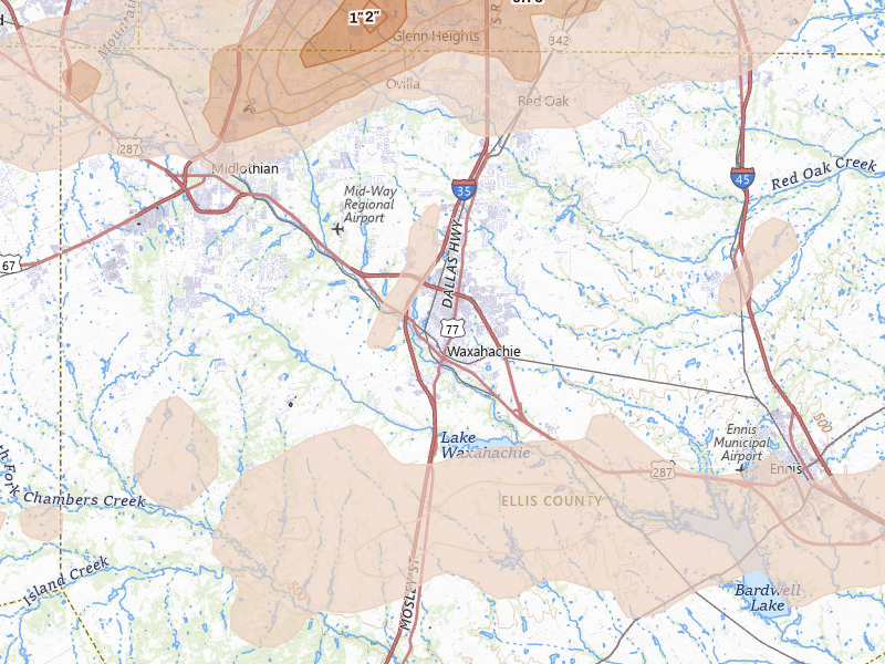 Radar-estimated hail-size map of the storm over Waxahachie, TX on Jun 6, 2026