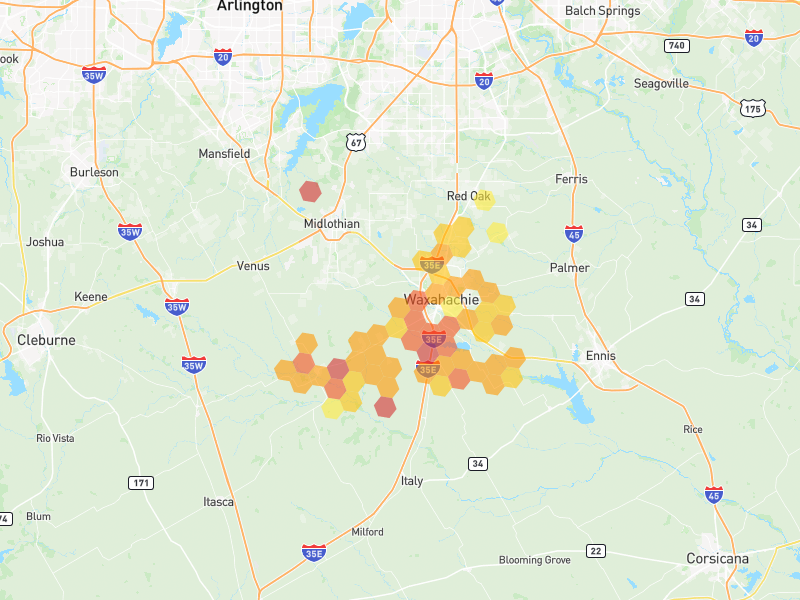 Hail map of Waxahachie, TX on Jun 7, 2026, hail up to 2.5"