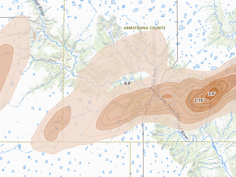 Radar-estimated hail-size map of the storm over Wayside, TX on May 29, 2026