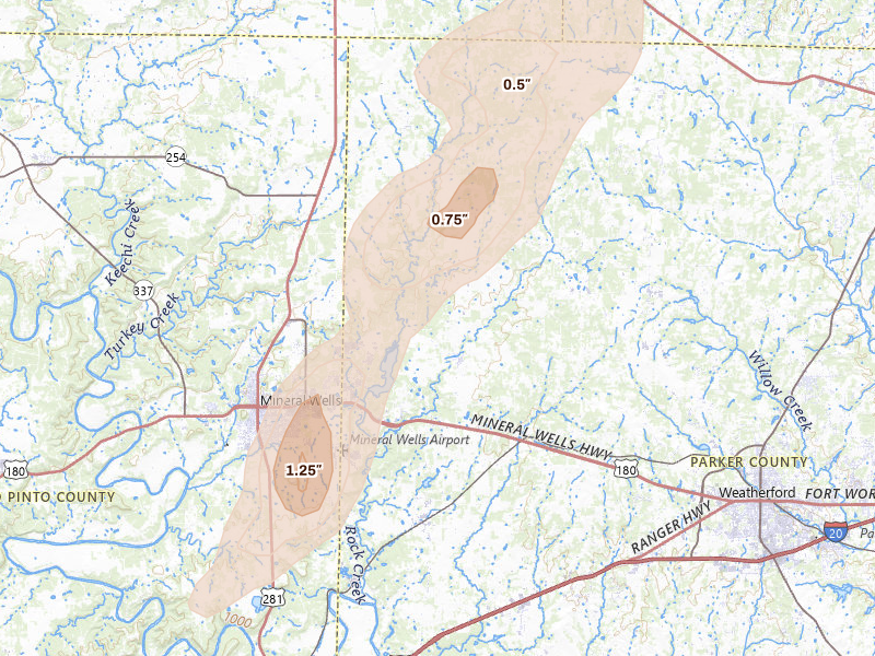 Radar-estimated hail-size map of the storm over Weatherford, TX on Mar 4, 2026