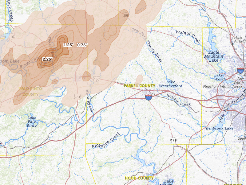 Radar-estimated hail-size map of the storm over Weatherford, TX on Mar 10, 2026