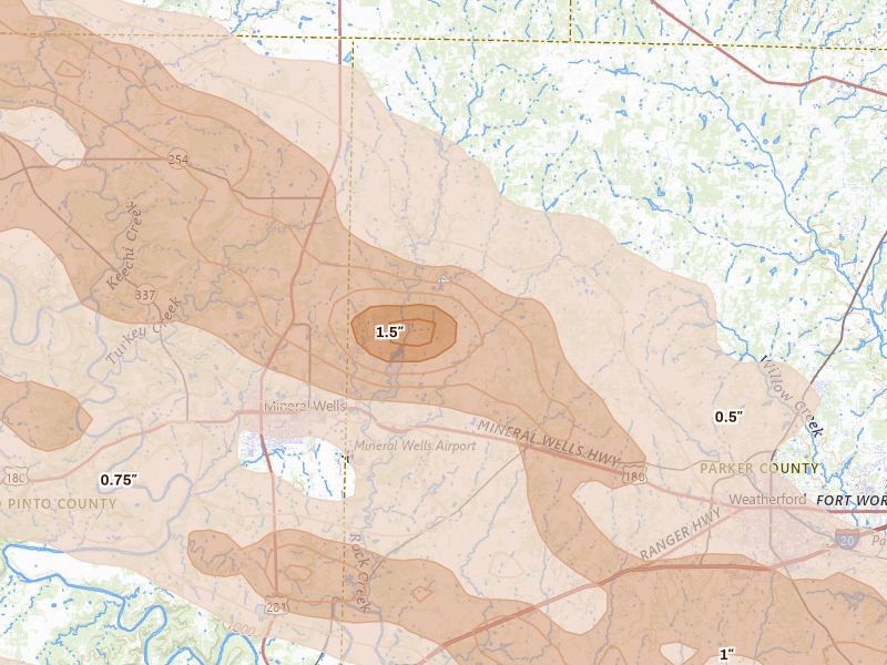 Radar-estimated hail-size map of the storm over Weatherford, TX on Apr 28, 2026