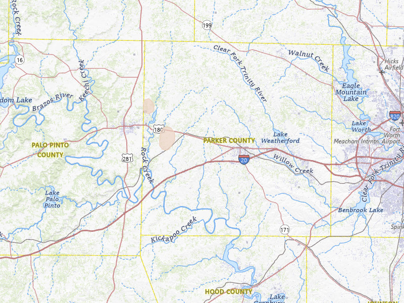 Radar-estimated hail-size map of the storm over Weatherford, TX on May 22, 2026