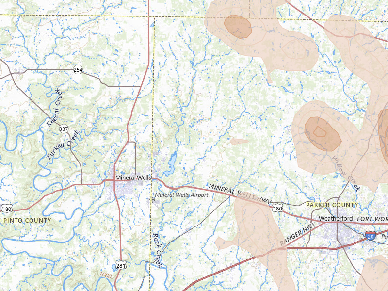 Radar-estimated hail-size map of the storm over Weatherford, TX on May 28, 2026