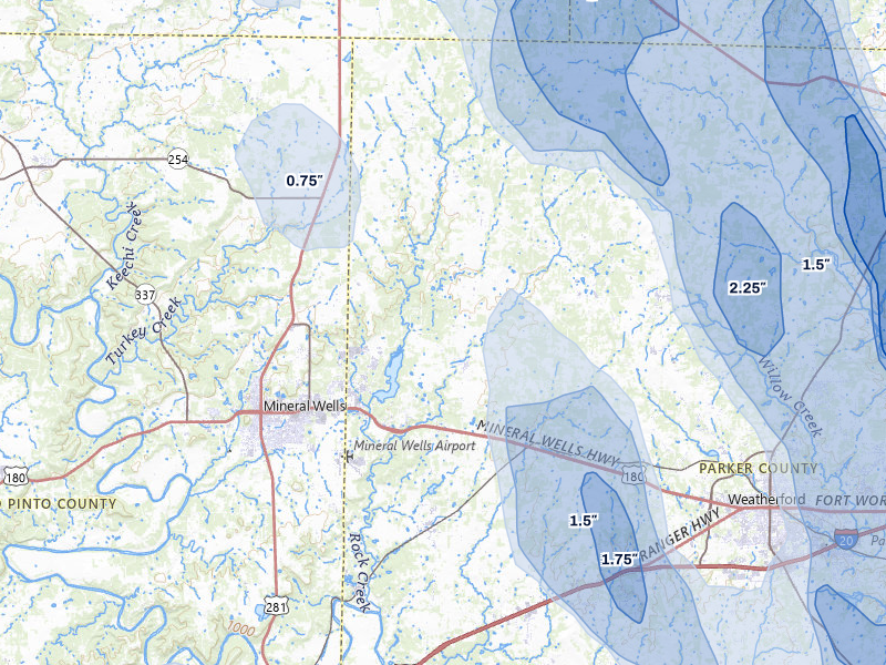 NEXRAD radar-signature map of the hail storm over Weatherford, TX on May 28, 2026