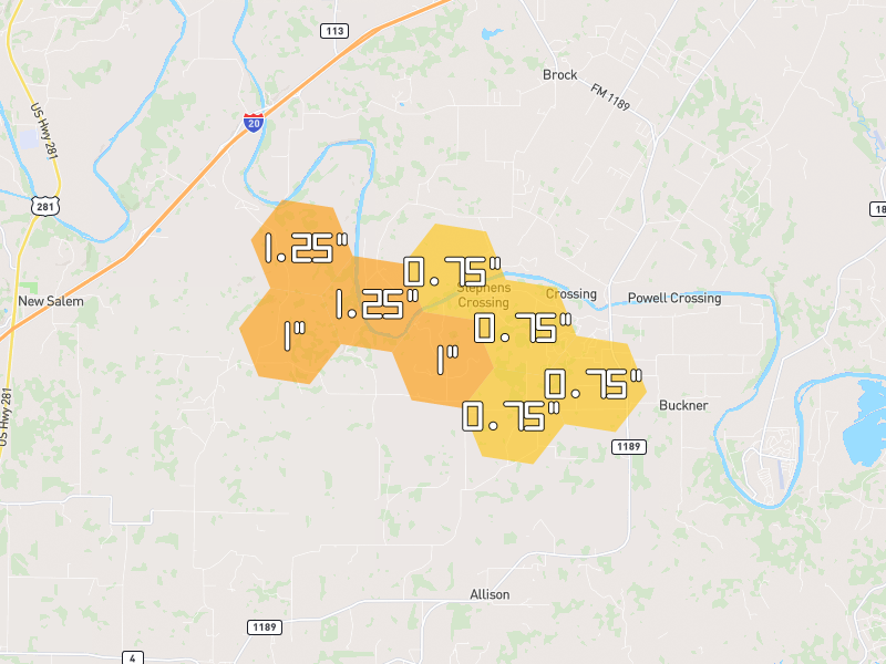 Hail map of Weatherford, TX on Jun 2, 2026, hail up to 1.25"