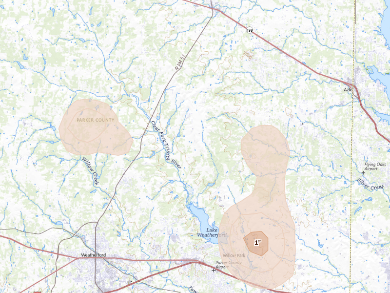 Radar-estimated hail-size map of the storm over Weatherford, TX