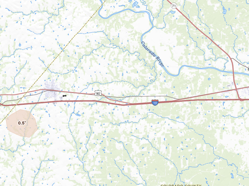 Radar-estimated hail-size map of the storm over Weimar, TX on Mar 11, 2026
