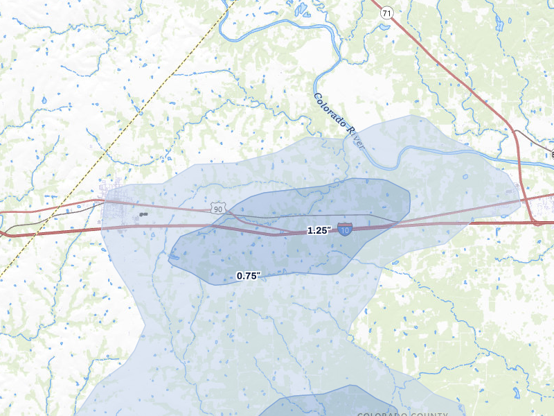 NEXRAD radar-signature map of the hail storm over Weimar, TX on Apr 30, 2026