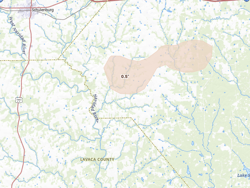 Radar-estimated hail-size map of the storm over Weimar, TX on Aug 9, 2026
