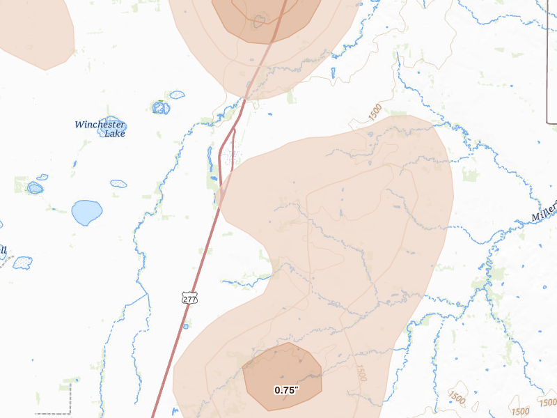 Radar-estimated hail-size map of the storm over Weinert, TX on Jul 5, 2026