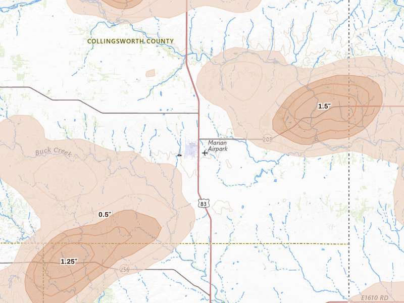 Radar-estimated hail-size map of the storm over Wellington, TX on Mar 31, 2026
