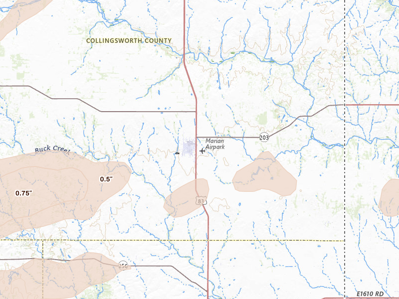 Radar-estimated hail-size map of the storm over Wellington, TX on May 29, 2026