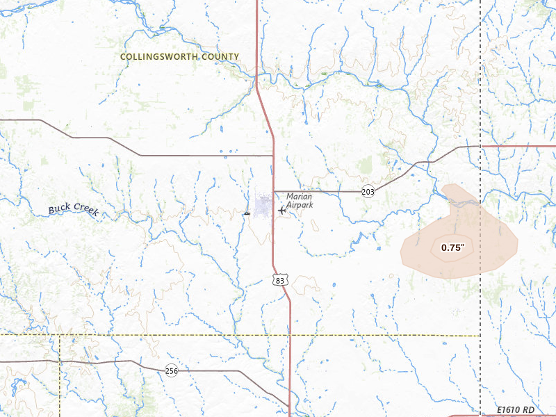 Radar-estimated hail-size map of the storm over Wellington, TX on Jul 4, 2026