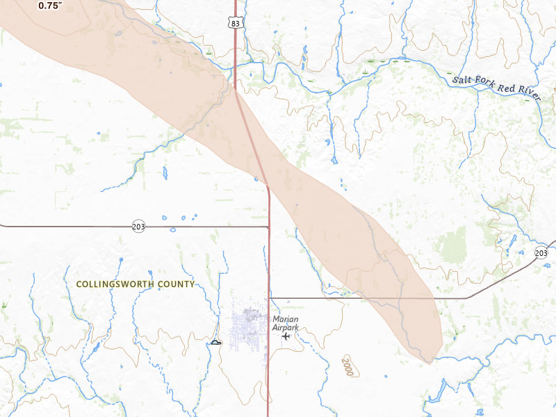 Radar-estimated hail-size map of the storm over Wellington, TX on Aug 25, 2026