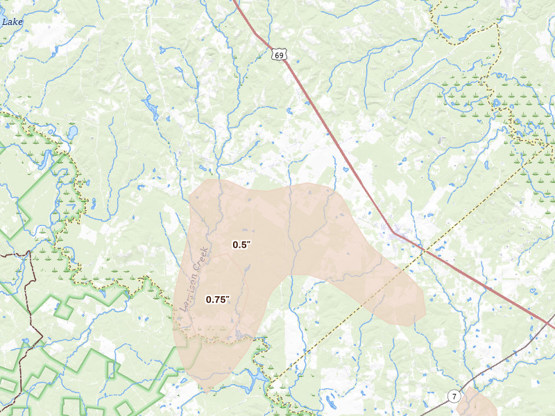 Radar-estimated hail-size map of the storm over Wells, TX on May 25, 2026