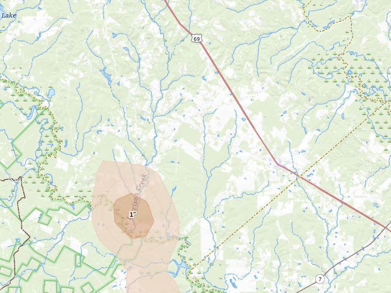 Radar-estimated hail-size map of the storm over Wells, TX on Aug 9, 2026