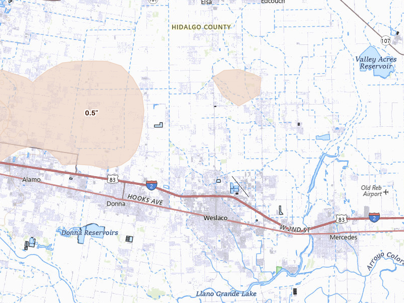 Radar-estimated hail-size map of the storm over Weslaco, TX on May 9, 2026