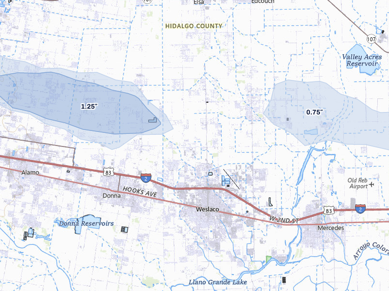 NEXRAD radar-signature map of the hail storm over Weslaco, TX on May 9, 2026