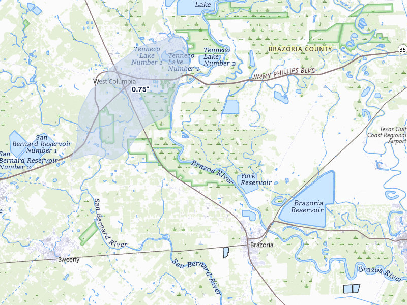 NEXRAD radar-signature map of the hail over West Columbia, TX