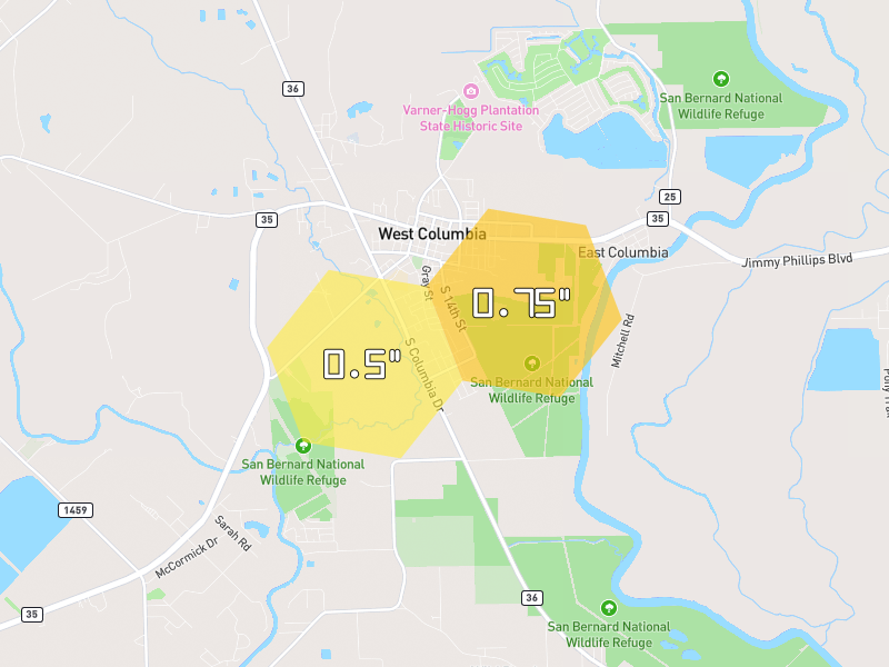 Hail map of West Columbia, TX on Jul 8, 2026, hail up to 0.75"