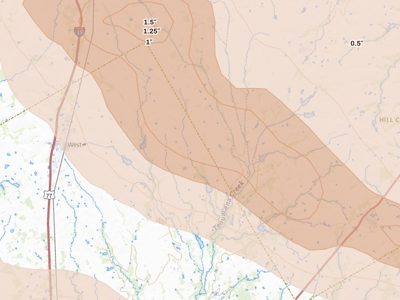 Radar-estimated hail-size map of the storm over West, TX