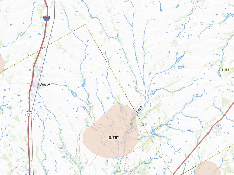 Radar-estimated hail-size map of the storm over West, TX on Jun 2, 2026