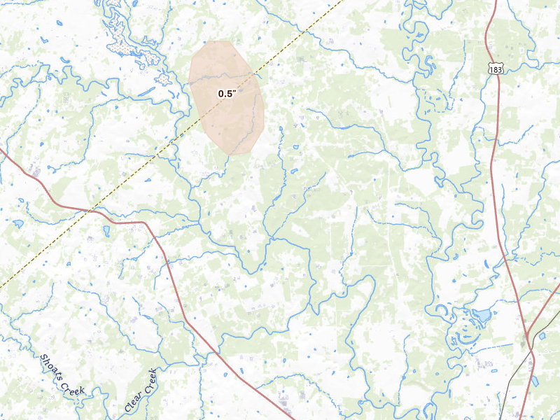 Radar-estimated hail-size map of the storm over Westhoff, TX on Aug 1, 2026