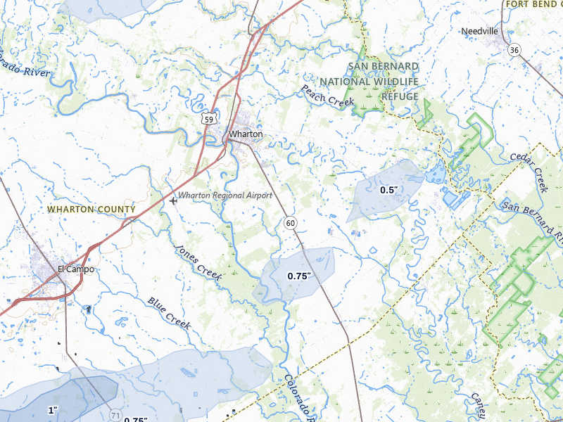 NEXRAD radar-signature map of the hail storm over Wharton, TX on May 1, 2026