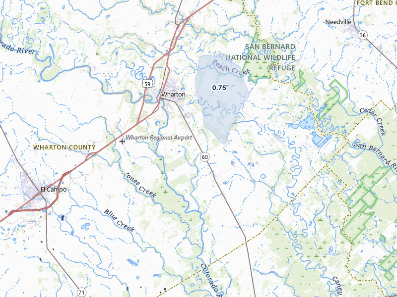 NEXRAD radar-signature map of the hail storm over Wharton, TX on Jul 7, 2026