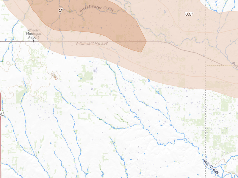 Radar-estimated hail-size map of the storm over Wheeler, TX on May 9, 2026