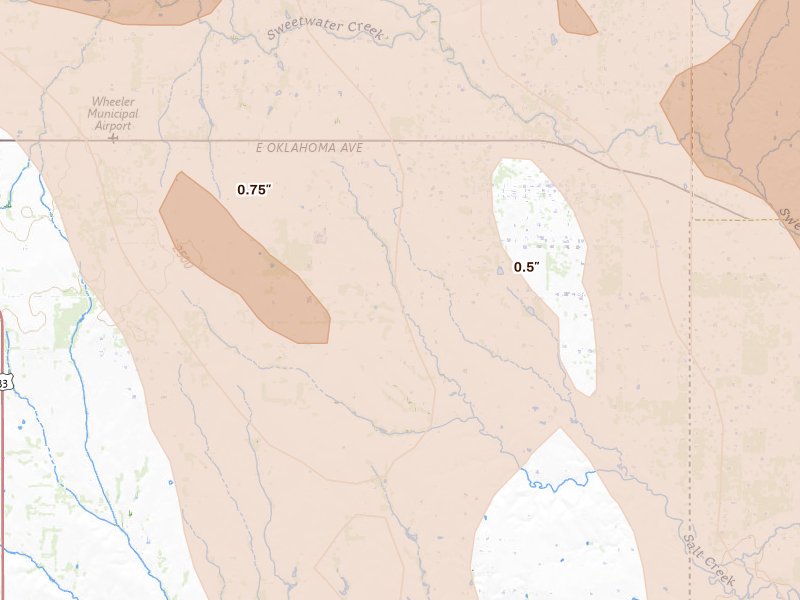 Radar-estimated hail-size map of the storm over Wheeler, TX on Jun 23, 2026