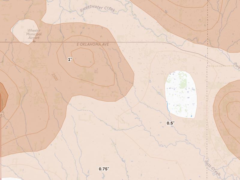 Radar-estimated hail-size map of the storm over Wheeler, TX on Jun 25, 2026