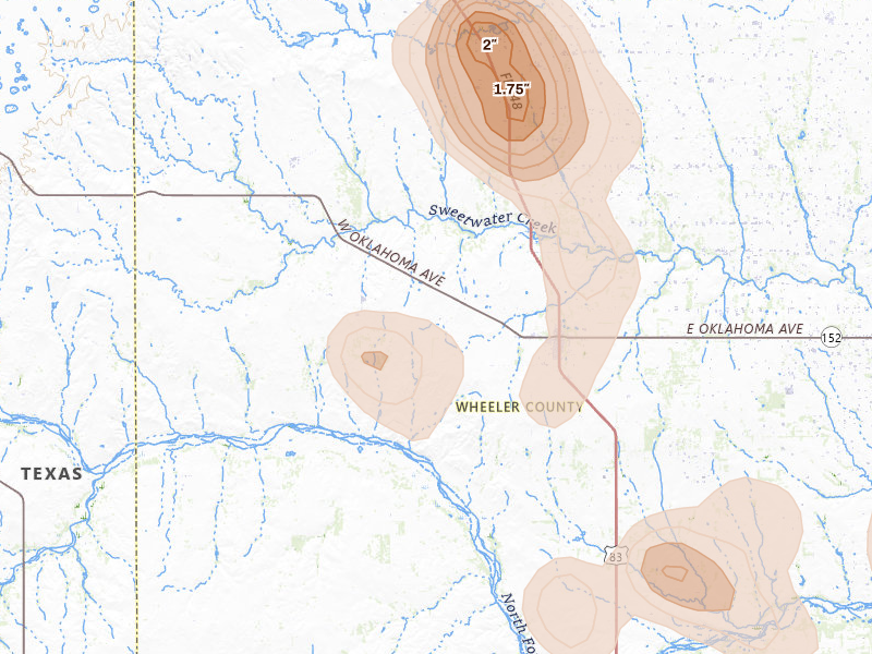 Radar-estimated hail-size map of the storm over Wheeler, TX on Aug 25, 2026