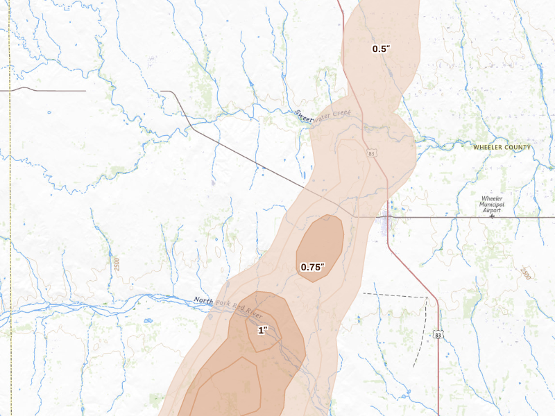 Radar-estimated hail-size map of the storm over Wheeler, TX