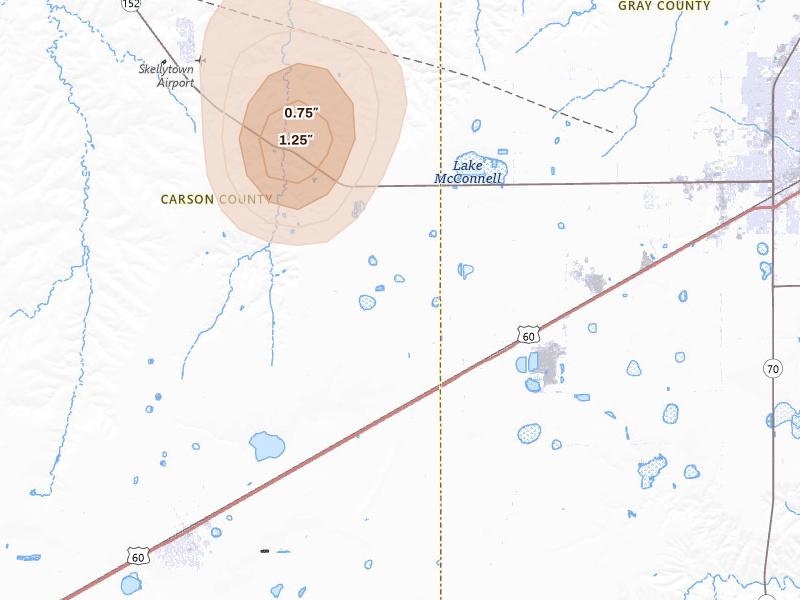 Radar-estimated hail-size map of the storm over White Deer, TX on Aug 16, 2026
