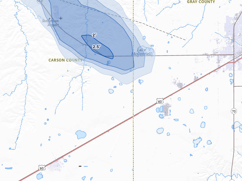 NEXRAD radar-signature map of the hail storm over White Deer, TX on Aug 16, 2026