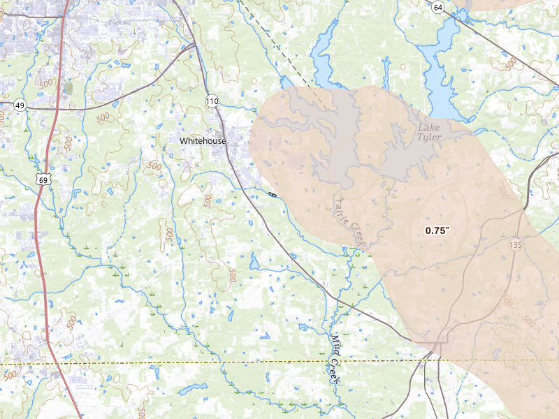 Radar-estimated hail-size map of the storm over Whitehouse, TX on Apr 24, 2026